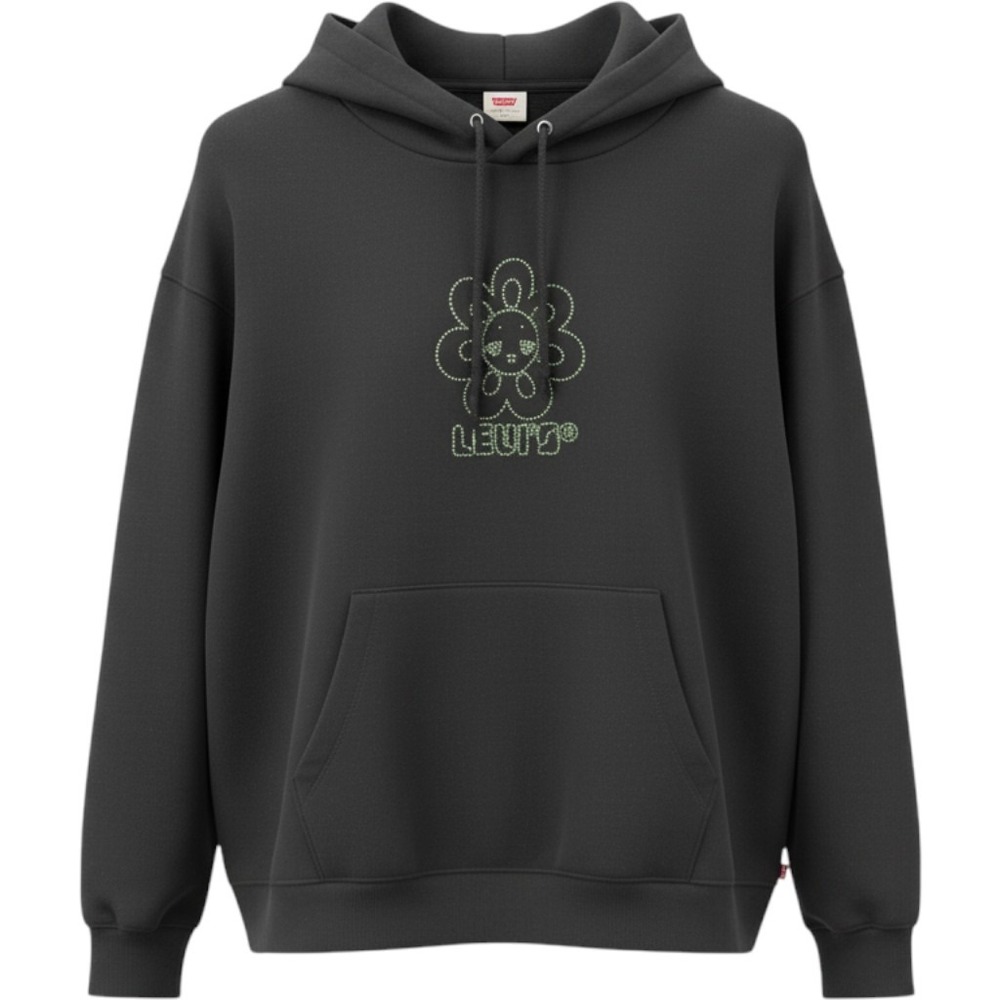 Levis Relaxed Fit Hoodie Black Iridescent Rhinestone Flower Graphic A60690000 M